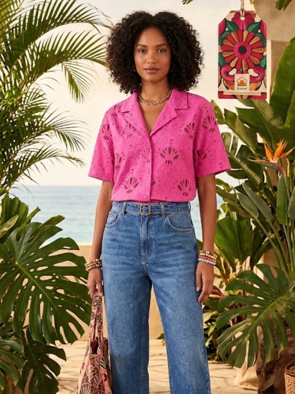 FARM Rio Pink Eyelet Button-Down Shirt nwt 18 ptp